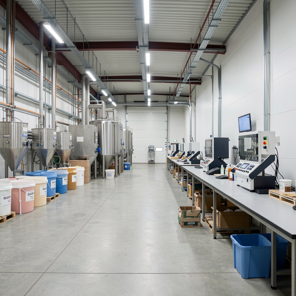 Wide interior view of Fenaro Jakarta production facility showing ingredient intake area, labelled storage containers, and a quality-control workbench under bright controlled studio lighting