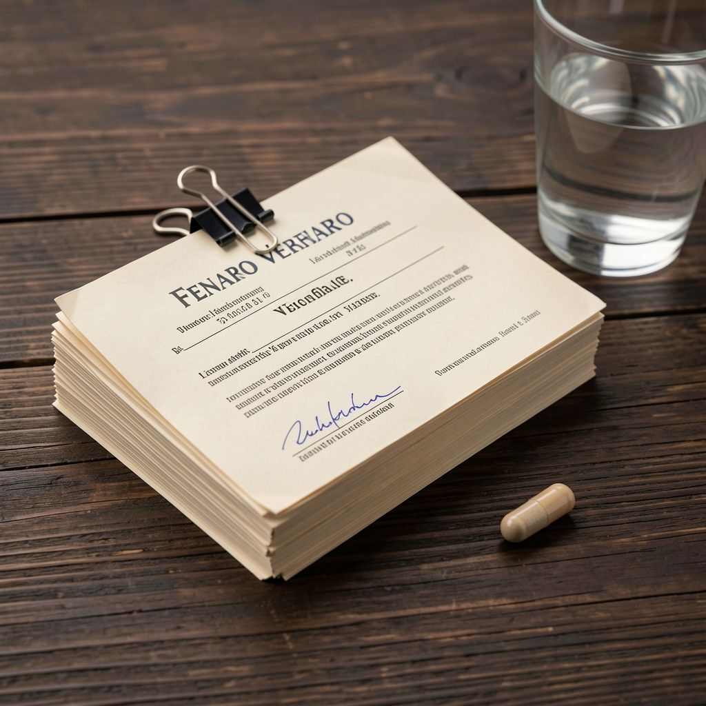 Stack of archived Fenaro batch verification certificates held together with a paper clip on a dark wooden surface alongside a glass of water and a single capsule