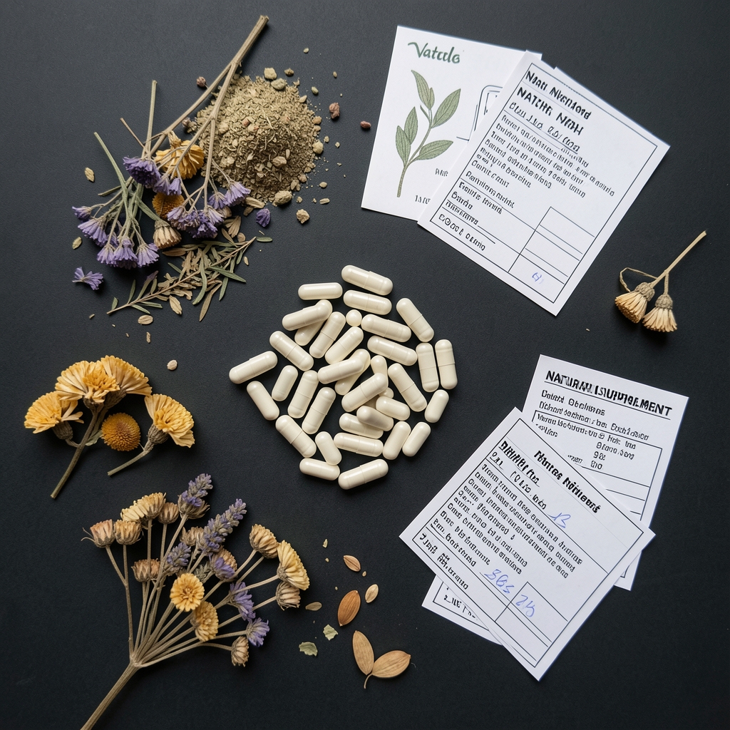 Overhead flat-lay of natural mineral supplement capsules arranged on a dark matte surface with botanical dried herbs and batch documentation cards
