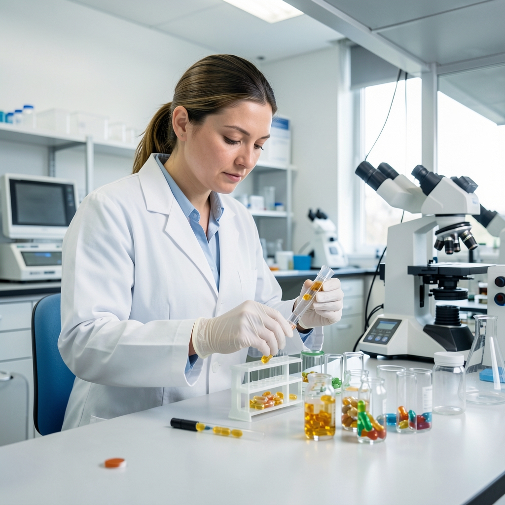 Independent laboratory technician in a clean workspace analysing supplement capsule samples in glass vials on a workbench with instrumentation under bright controlled studio lighting