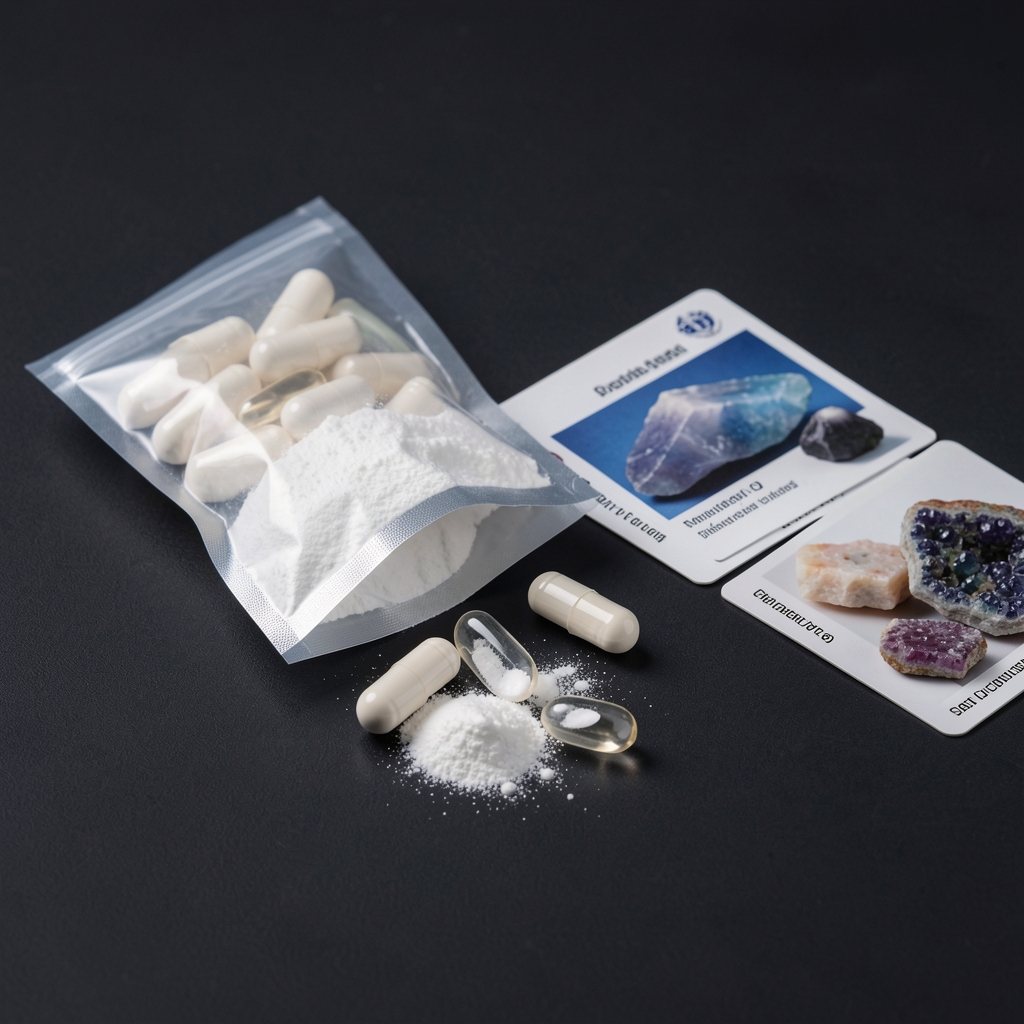 Fenaro Zinc and Magnesium Compound packaging with capsules split open showing white powder content, on a dark surface with mineral element reference cards positioned beside it under studio lighting