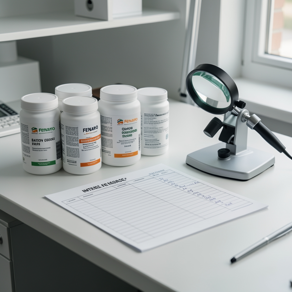 Fenaro quality-control bench with a set of batch-coded supplement containers, a magnifying instrument, and handwritten intake log forms in a clean workspace